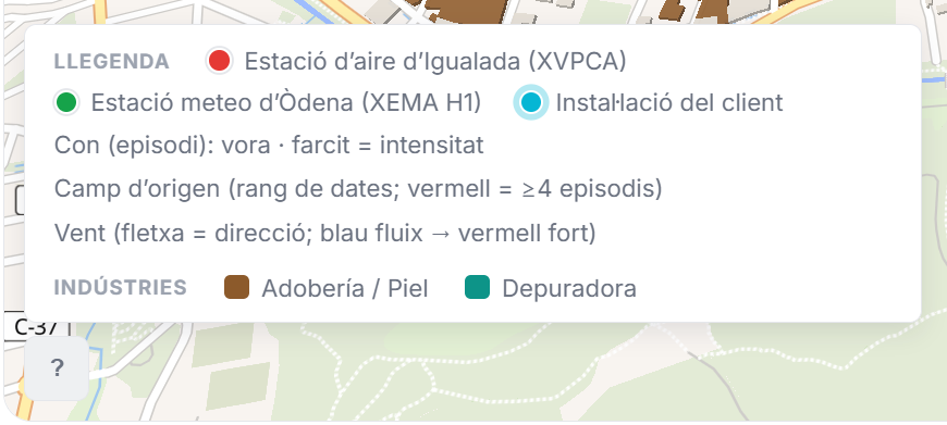 Botó «?» del mapa amb la llegenda desplegada: estacions, con d'episodi, camp d'origen, vent i colors d'indústries